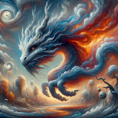 The primary subject of the image is a dragon, which is the main object, scene, or focus of the image. The dragon is depicted in a surreal and fantastical setting, with a clock in the background and a cloudy sky. The visual style of the image is digital art, illustration, or drawing, as it is a detailed and intricate representation of the dragon. The dominant colors in the image are orange, blue, and white, creating a vibrant and lively atmosphere.